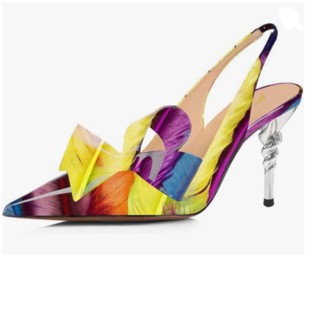 YDN Colorful Feather Pointed Toe Slingback Slip on Stiletto Heel Bow Sandals